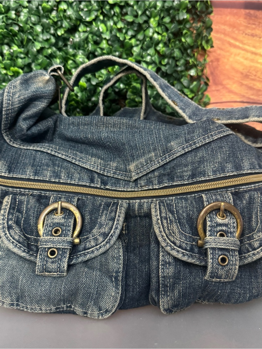 Y2K Mudd Denim Shoulder Bag with Double Front Buckles Crossbody